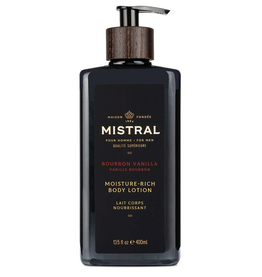 Mistral Body Lotion - Bourbon Vanilla in a sleek 400 mL bottle, offering rich hydration with shea oil, capturing classic French fragrance luxury.