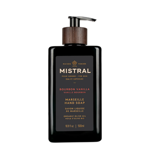 Mistral Liquid Hand Soap - Bourbon Vanilla, 16.9 fl oz pump bottle, offers a luxurious wash with organic olive oil, scented with sweet vanilla and charred wood notes.