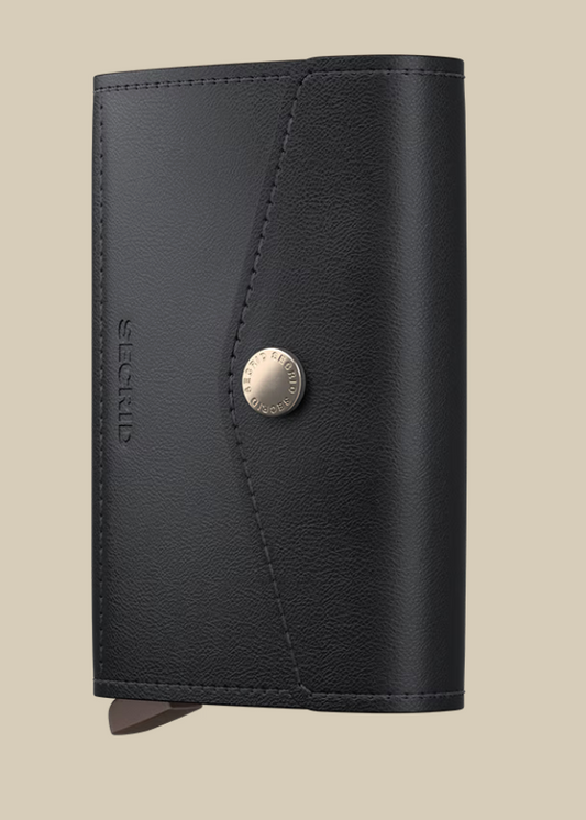 The Secrid Envelope Wallet is a sleek black leather wallet with RFID blocking, a metal button closure, clean stitching, and the SECRID name embossed on the front. Its minimalist design features a small tab at the bottom.