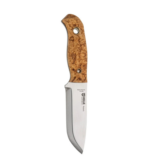 A fixed-blade, lightweight knife with a shiny silver blade and a polished, light brown wooden handle featuring two circular holes—the Helle Knives Polaris is perfect for fans of outdoor knives.