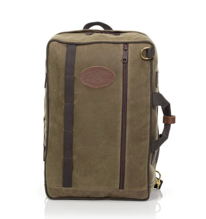 The Frost River Voyageur Backpack is a rectangular olive green waxed canvas bag featuring brown straps, a side handle, leather accents, a front zipper pocket, and a distinctive rounded patch on the front. Reminiscent of classic Frost River durability, this backpack stands upright against a white background.