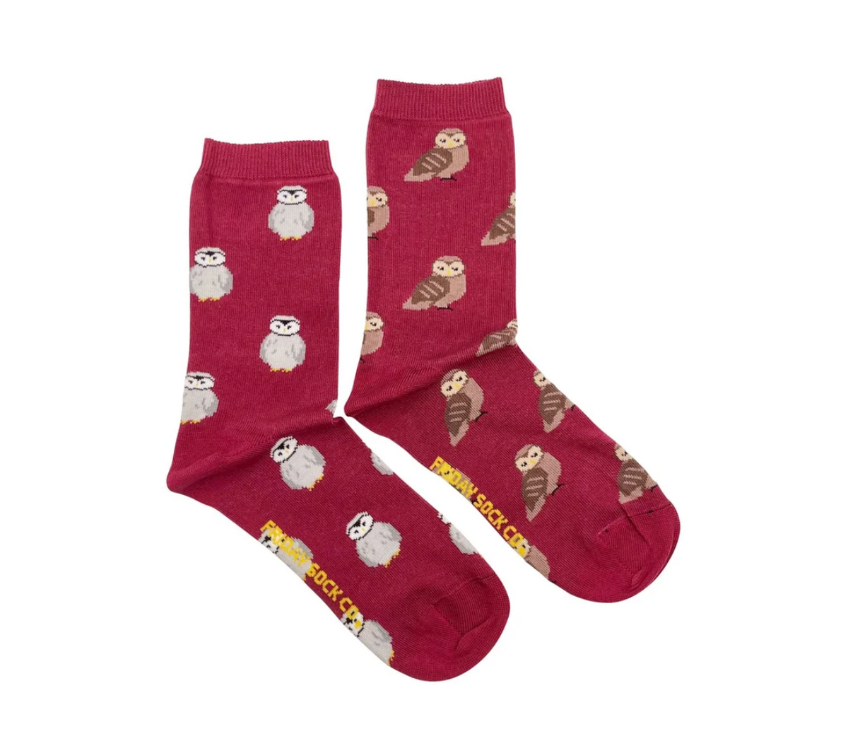 Two maroon Friday Sock Co. Owls Womens socks patterned with various owl illustrations.