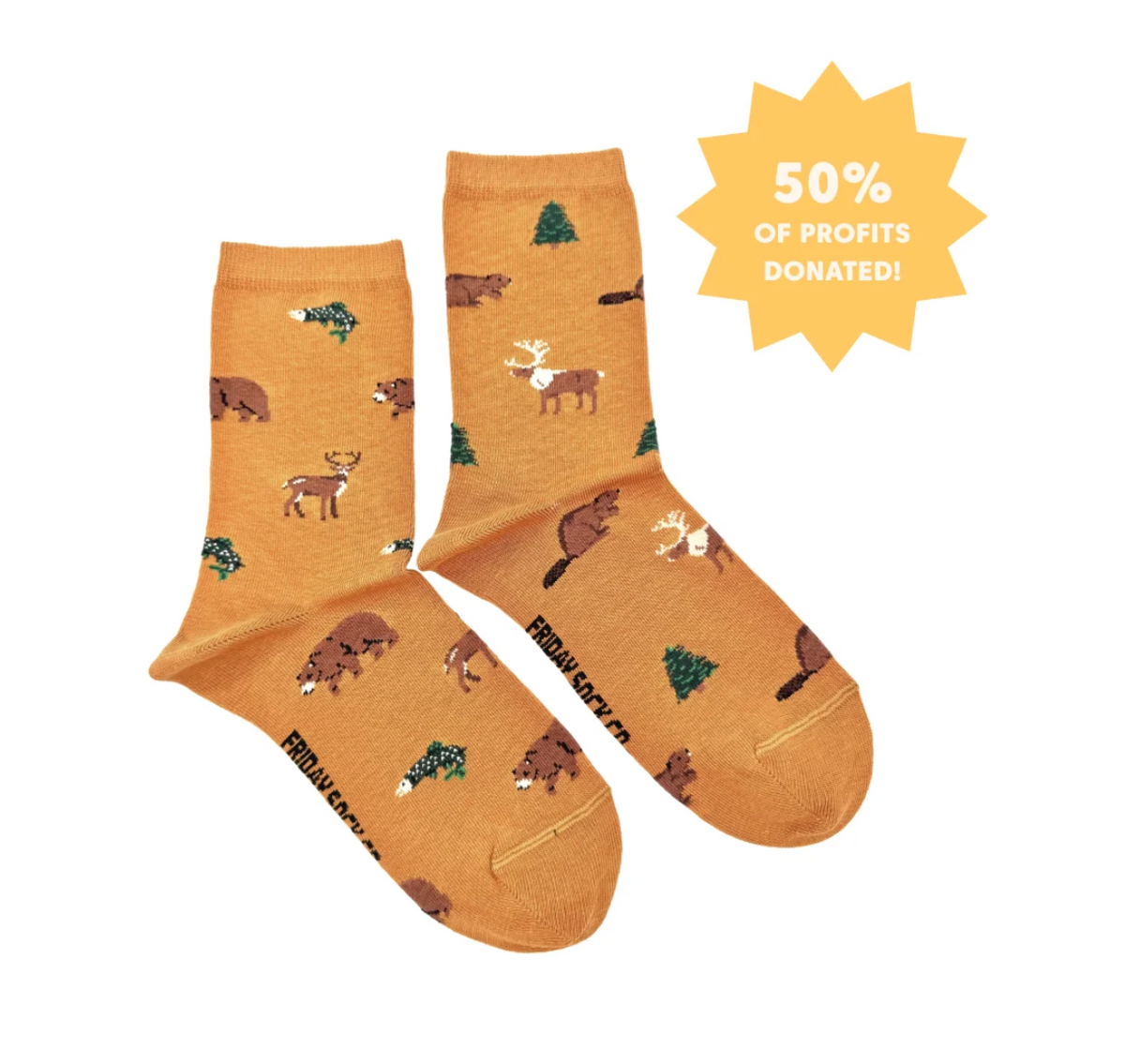 Friday Sock Co. Wildlife Womens mustard yellow socks featuring a pattern of bears, deer, beavers, and pine trees, with a yellow star-shaped badge stating 50% OF PROFITS DONATED!.
