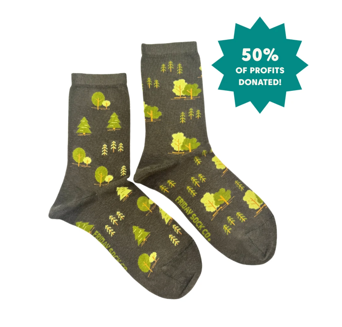 Friday Sock Co.Trees Womens crew socks in gray with a green tree pattern and a badge stating 50% OF PROFITS DONATED!.