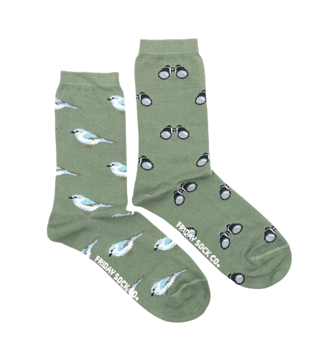 A pair of ethically produced olive green Friday Sock Co. Bird Watching socks, with one featuring a bird pattern and the other featuring a binoculars pattern.