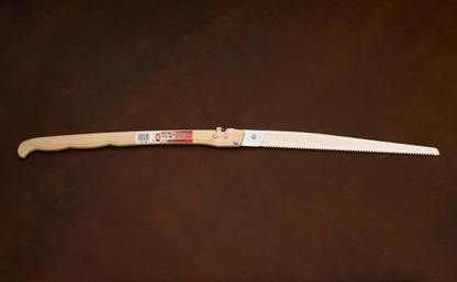 A Gyokucho Megumi Folding Saw 330mm featuring a long wooden handle and a serrated metal blade.