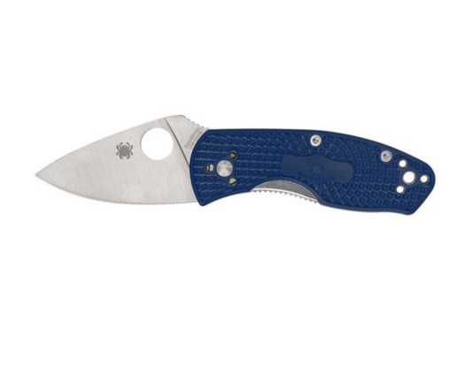 Spyderco Ambitious Blue Lightweight CPM folding pocket knife with a satin-finished blade and a textured blue handle.