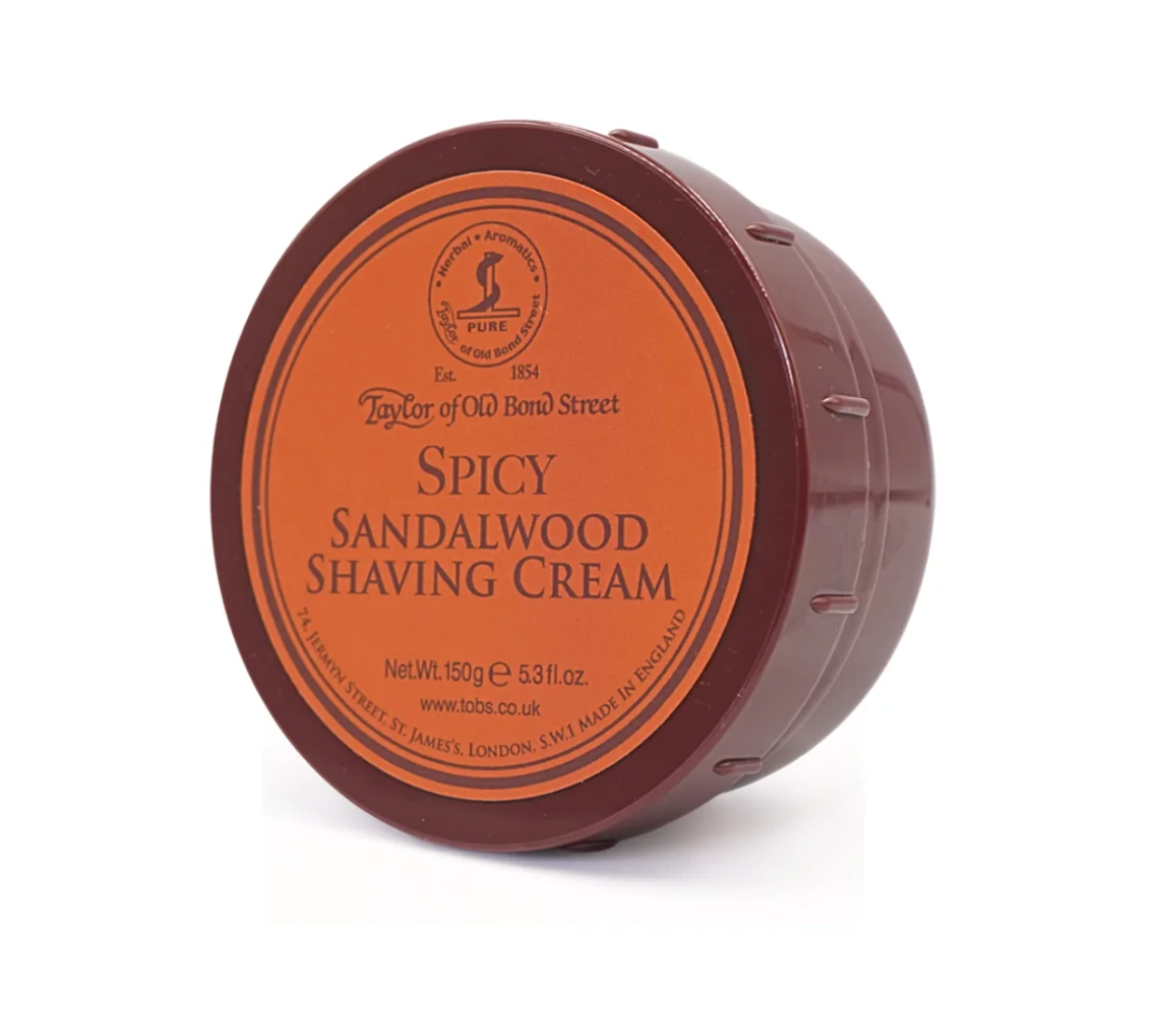 Circular tub of Taylor of Old Bond Street Spicy Sandalwood Shaving Cream with a brown lid and an orange label.