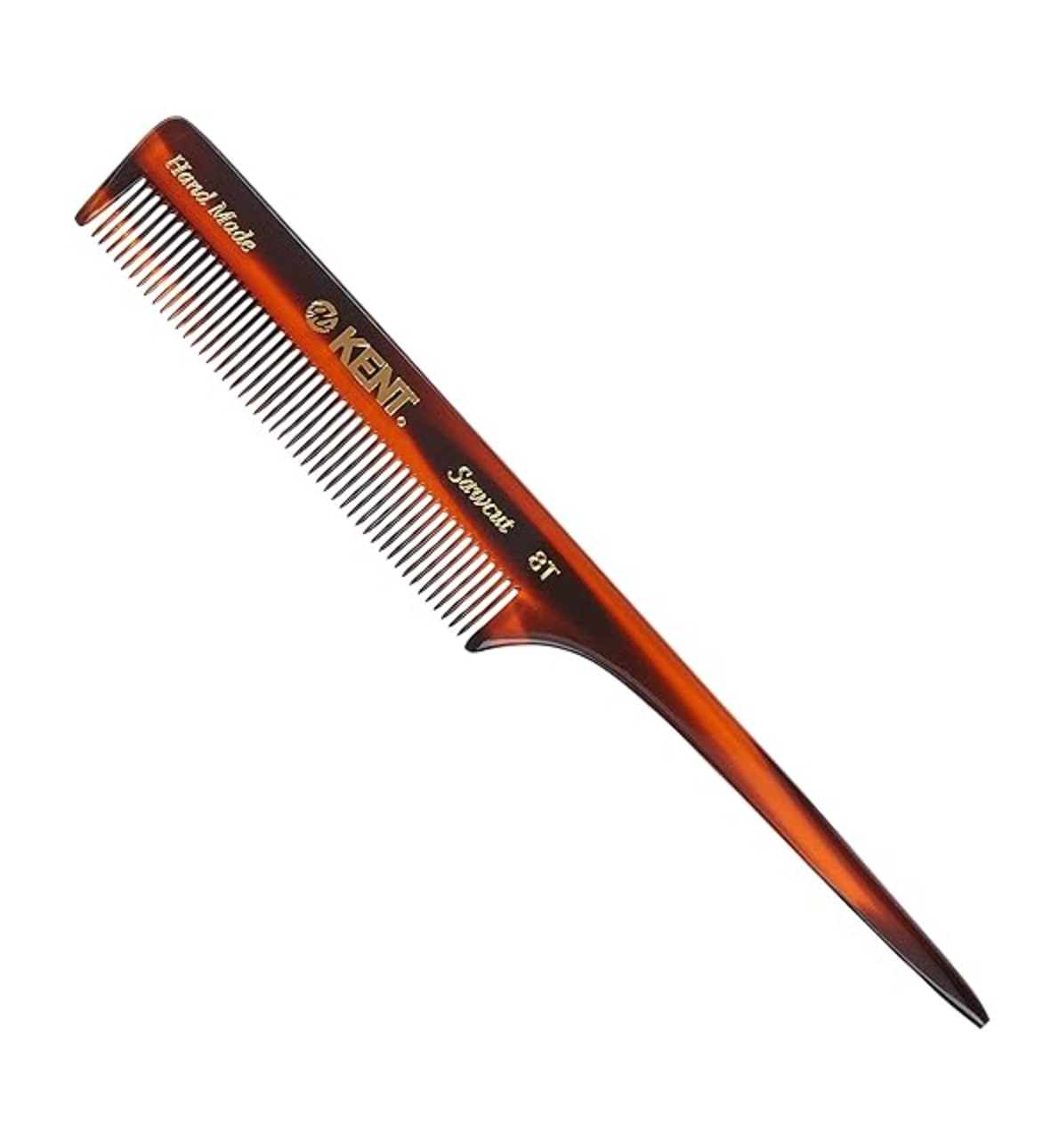 Kent of England Dressing Comb, tortoise-shell-colored with close-set teeth and a rat-tail handle, promotes healthy, shiny hair by stimulating natural oils.