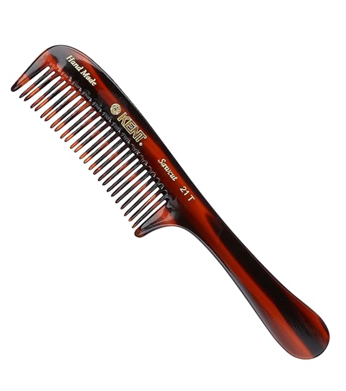 Kent of England Dressing Comb, tortoiseshell style with long handle, featuring both wide and fine teeth for healthy, static-free hair. Hand-made, saw cut, cellulose acetate material.