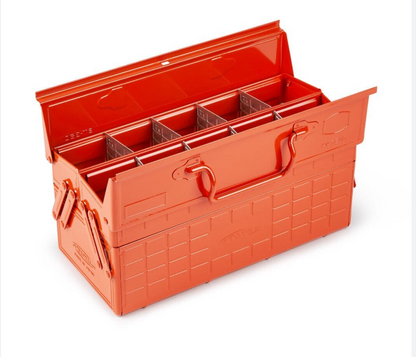 Toyo Cantilever Steel Toolbox - ST-350 with open lid displaying customizable compartments and extendable trays for organizing tools, reflecting durability and design excellence.