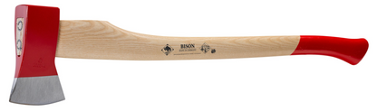 Bison 31 Splitting Axe with red steel head and straight ash handle, designed for efficient wood-splitting, showcasing German craftsmanship and durability.