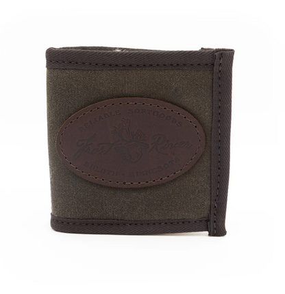 Frost River Bifold Fly Wallet with leather patch, crafted from durable canvas and sheepskin lining for secure fly storage. Made in USA.