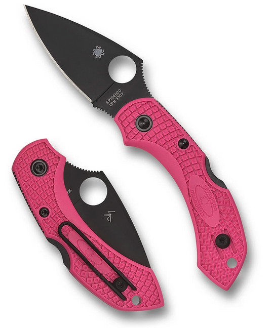 Spyderco Dragonfly 2 Pink pocket-knife with black-coated blade, FRN scales, and reversible pocket-clip, shown open and closed, highlighting the trademark round thumb-hole.