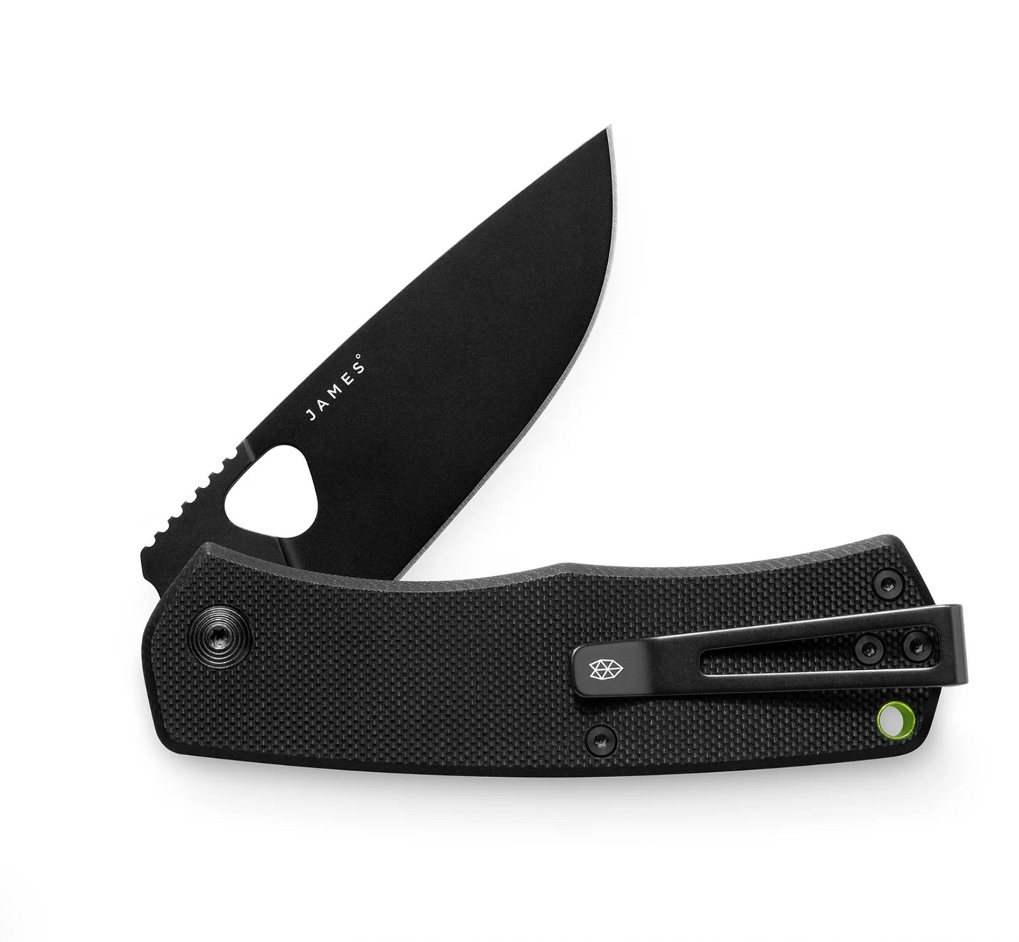 Black folding knife with open blade on a white background