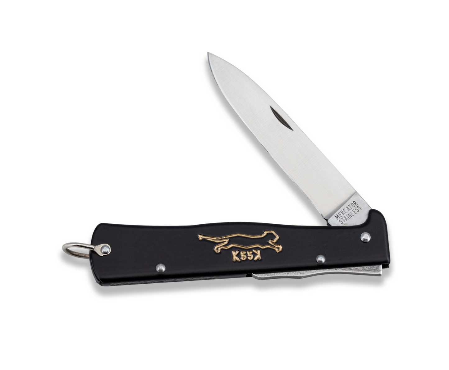 German folding knife with a black handle and a gold outline of a cat