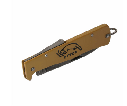 German folding knife with a tan handle and a black outline of an otter