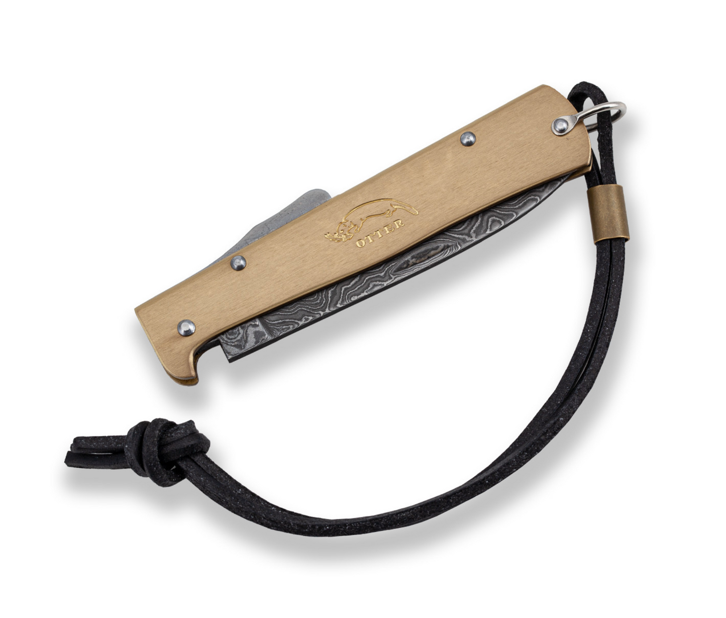 German folding knife with a brass handle and a Damascus blade