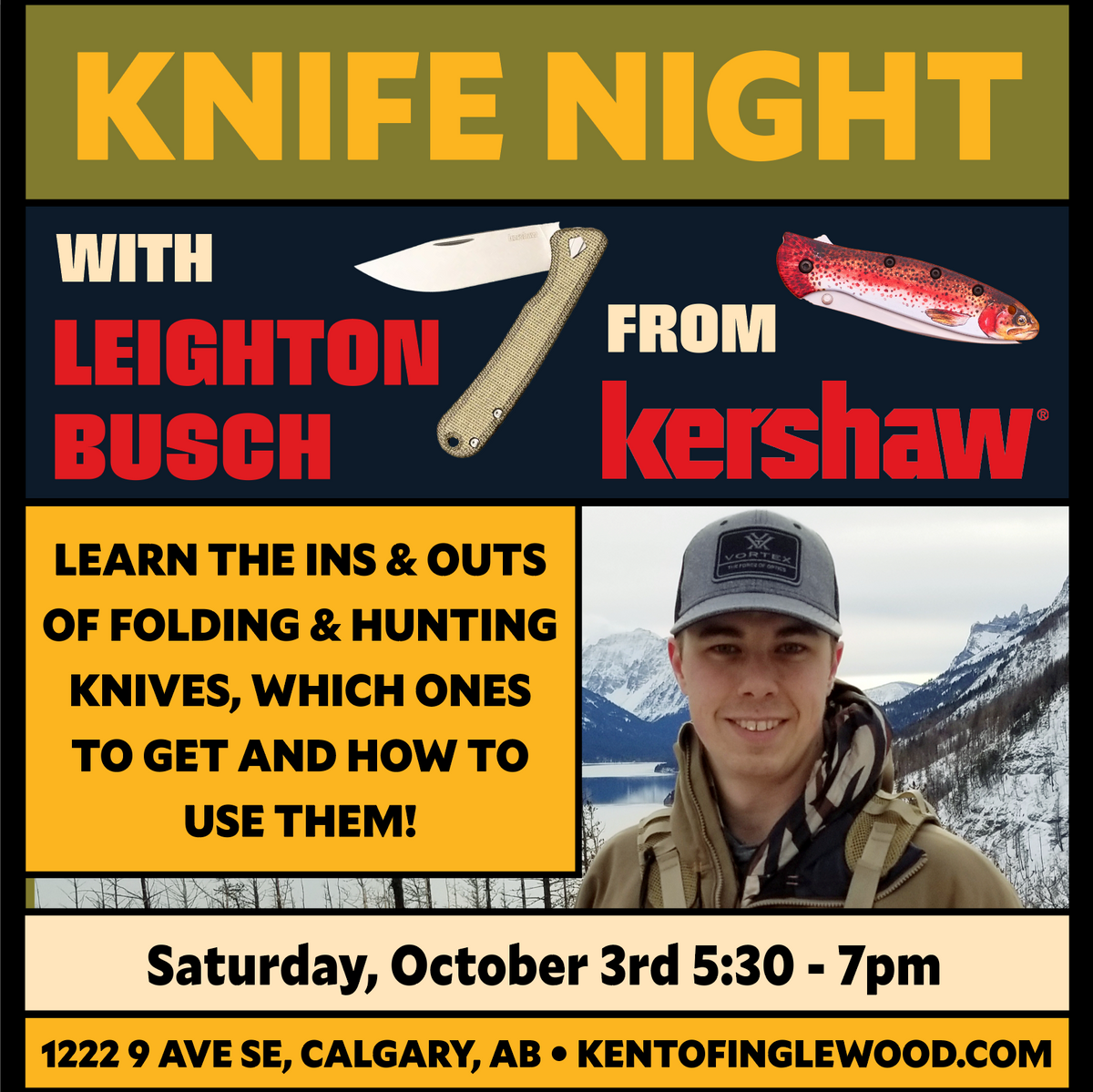Promotional flyer for 'Knife Night' featuring Leighton Busch and Kershaw, with a folding knife and fishing lure pictured. The flyer includes text about learning to use hunting and folding knives, along with event details for Saturday, October 3rd at 5:30 - 7pm in Calgary.