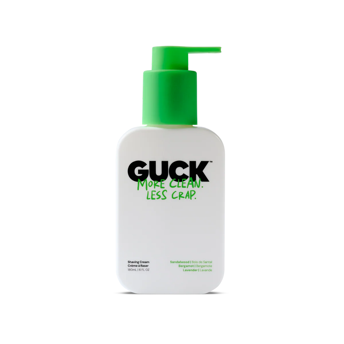Bottle of GUCK shaving cream with green pump on a white background