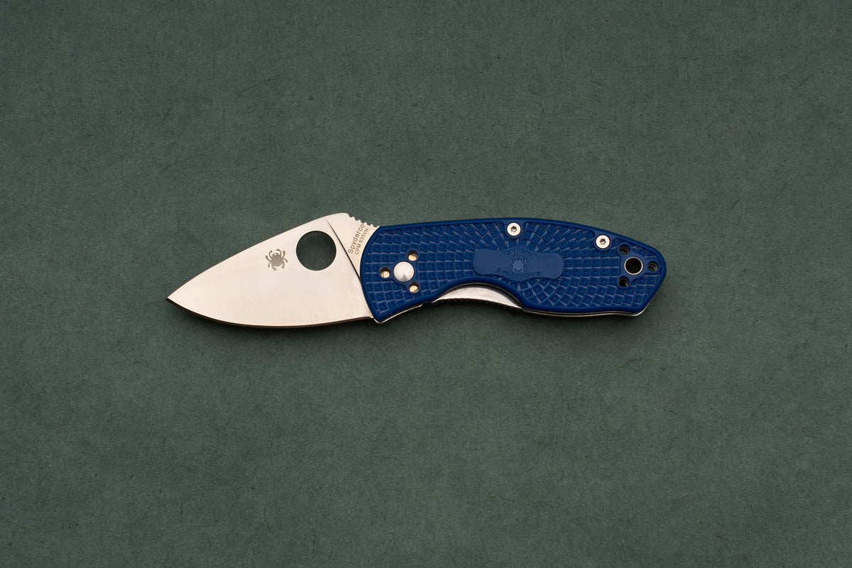 Spyderco Ambitious Blue Lightweight CPM folding pocket knife for daily-carry, featuring a satin-finished drop-point blade and a textured blue handle with one-handed opening.