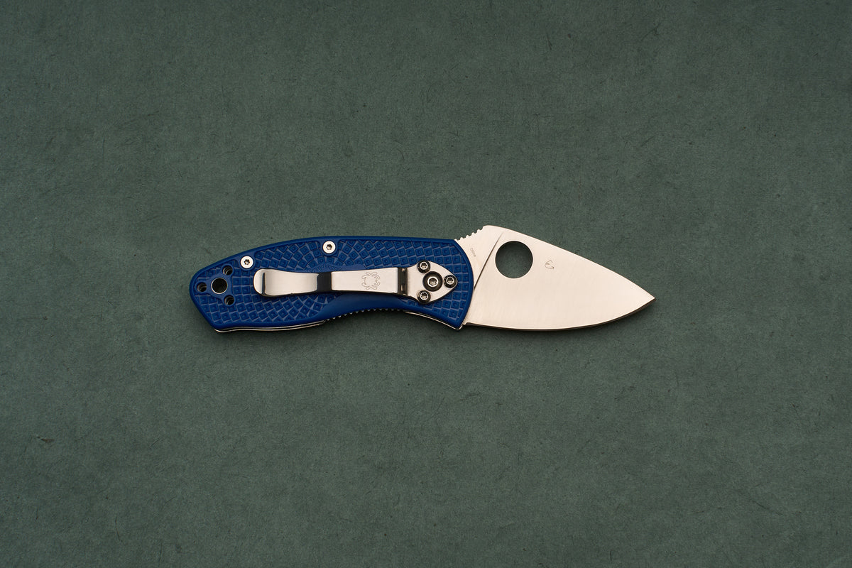 A textured blue handle and stainless steel blade define the Spyderco Ambitious Blue Lightweight CPM folding pocket knife, designed for one-handed opening as a reliable daily-carry tool.