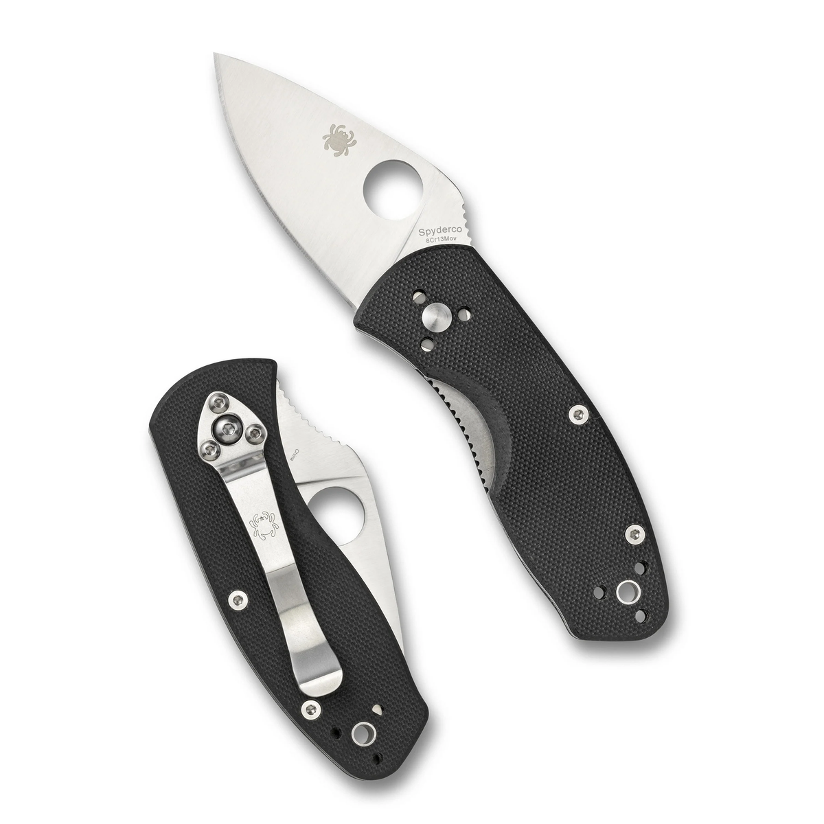 Two Spyderco Ambitious Blue Lightweight CPM folding pocket knives with black textured handles and silver blades: one fully open, and one closed with a metal pocket clip visible.