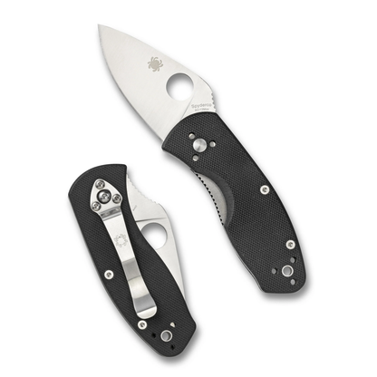 Two Spyderco Ambitious Blue Lightweight CPM folding pocket knives with black textured handles and silver blades: one fully open, and one closed with a metal pocket clip visible.