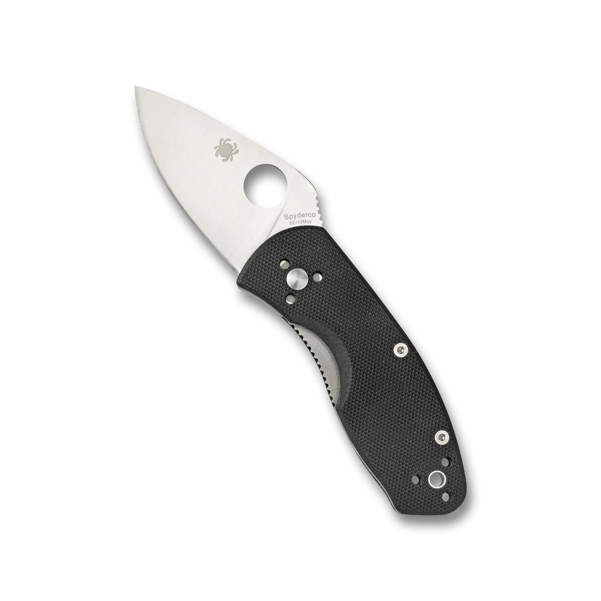 A Spyderco Ambitious Blue Lightweight CPM folding pocket knife with a black textured handle and an open, partially serrated silver blade featuring a circular thumb hole.