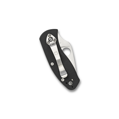 Spyderco Ambitious Blue Lightweight CPM folding pocket knife with a black textured handle and a metal pocket clip, ideal for everyday carry.