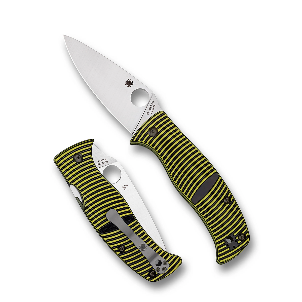 Spyderco Caribbean G-10 Leaf folding pocket knife with a leaf-shaped blade and black and yellow striped handle, shown both open and closed.