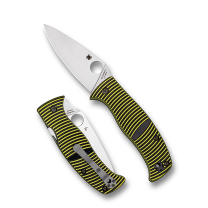 Spyderco Caribbean G-10 Leaf folding pocket knife with a leaf-shaped blade and black and yellow striped handle, shown both open and closed.