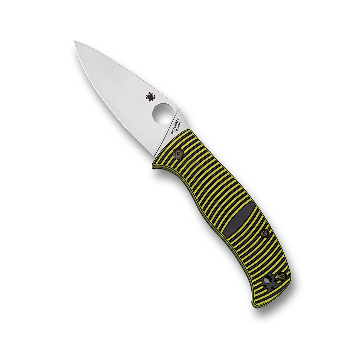 Spyderco Caribbean G-10 Leaf folding knife featuring a leaf-shaped blade and a yellow-and-black striped handle, perfect for everyday carry.