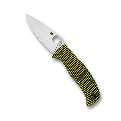 Spyderco Caribbean G-10 Leaf folding knife featuring a leaf-shaped blade and a yellow-and-black striped handle, perfect for everyday carry.