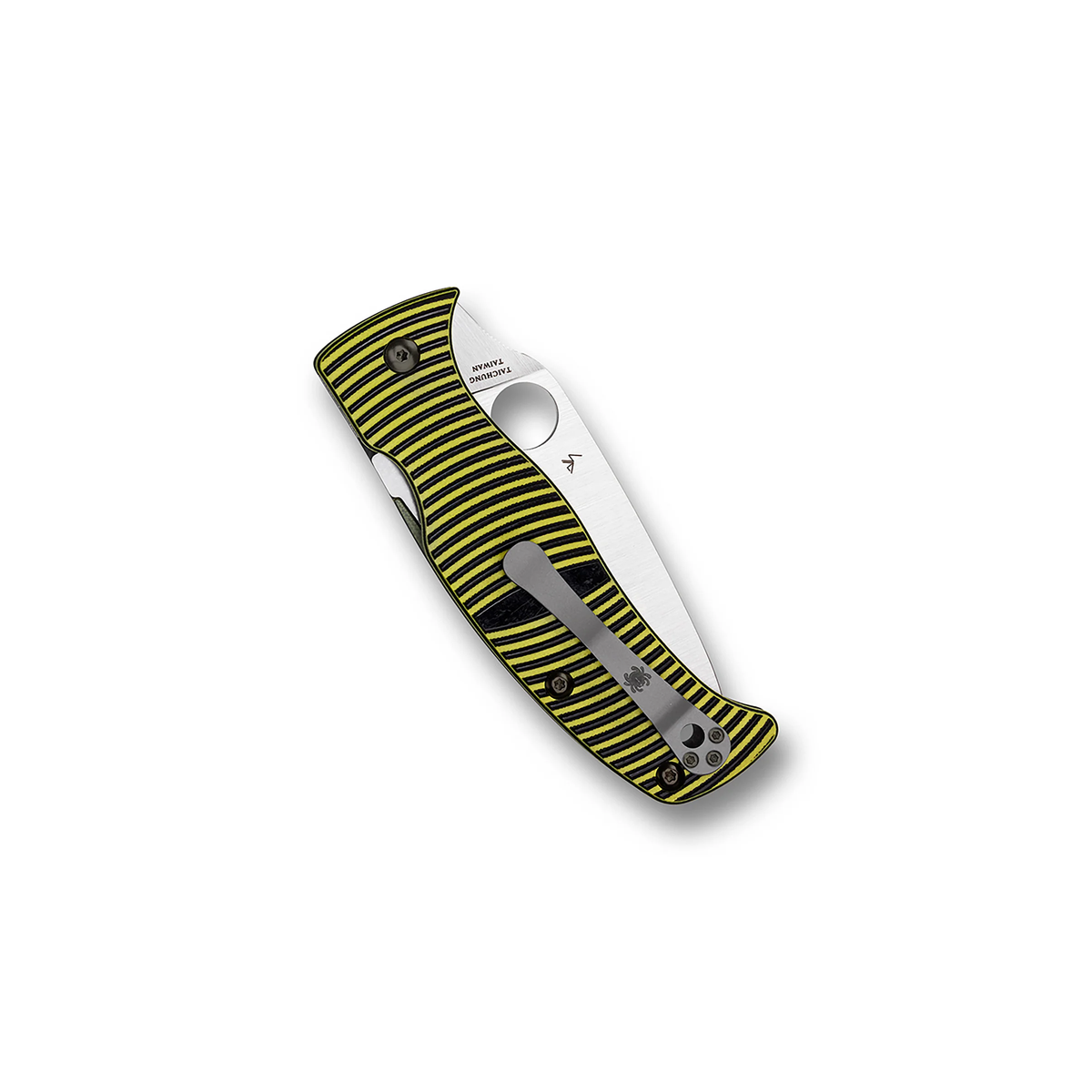 Spyderco Caribbean G-10 Leaf folding pocket knife with a leaf-shaped blade and a handle featuring black and yellow horizontal stripes.