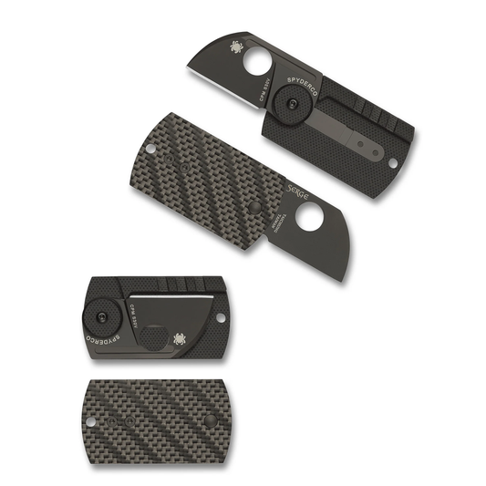 Spyderco Dog Tag Folder Carbon Fibre shown in open and closed positions with a carbon fiber handle and a stainless steel blade.