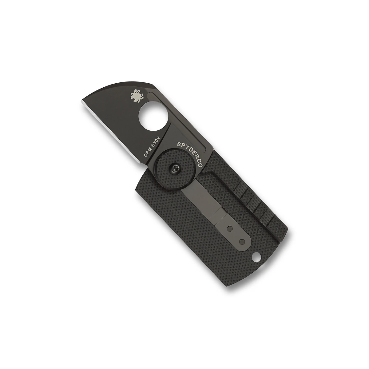 Small black Spyderco Dog Tag Folder Carbon Fibre folding pocket knife with a modified clip-point blade and a textured handle.