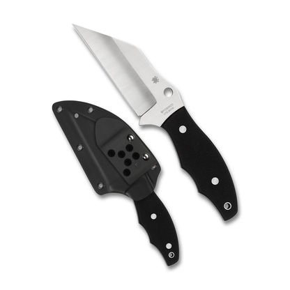 A Spyderco Ronin 2 Black G-10 w/ Sheath, featuring a fixed-blade knife with a textured black handle and a sheepsfoot-style blade, shown alongside its molded black sheath.