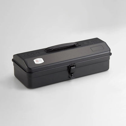 Toyo Steel Toolbox - Y-350: Compact, durable black toolbox with a hinged lid, front latch, and top handle, ideal for versatile storage solutions.