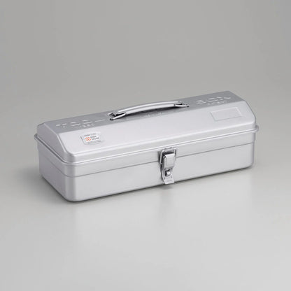 Toyo Steel Toolbox - Y-350: A durable, silver metal toolbox with embossed finish, hinged lid, folding handle, and front latch, ideal for versatile storage solutions.