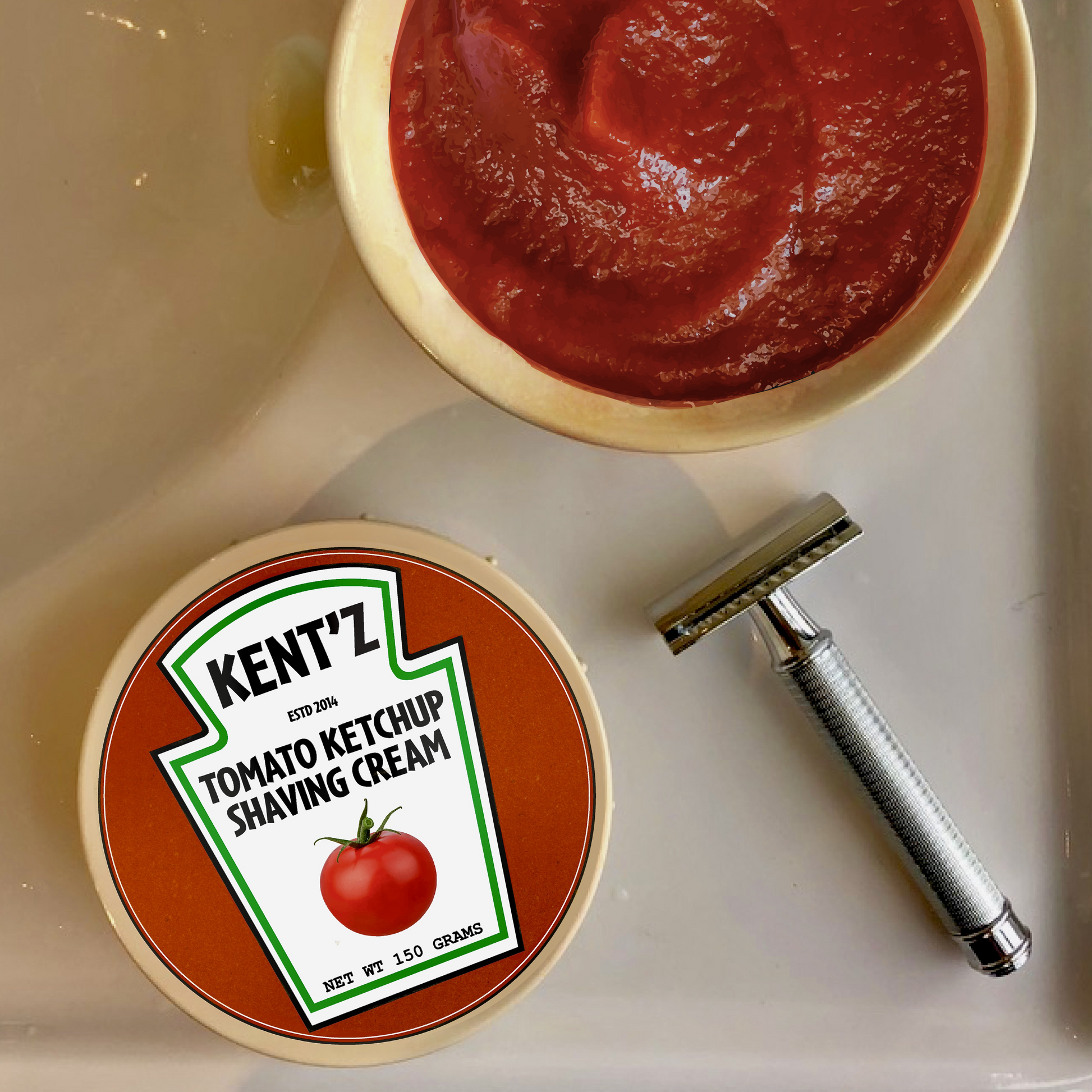 Kent’z tomato ketchup shaving cream with a razor on a beige background