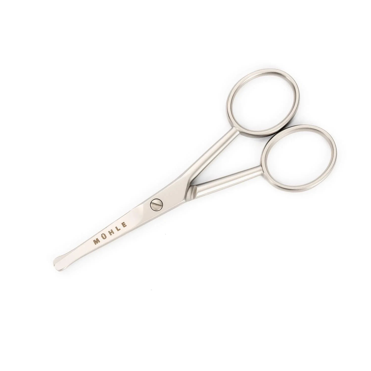 A Mühle Scissor for Beard, Nose & Hair made of stainless steel, featuring an ergonomic design with rounded tips and two finger holes, lies on a white background. The word “MÜHLE” is engraved on one blade.