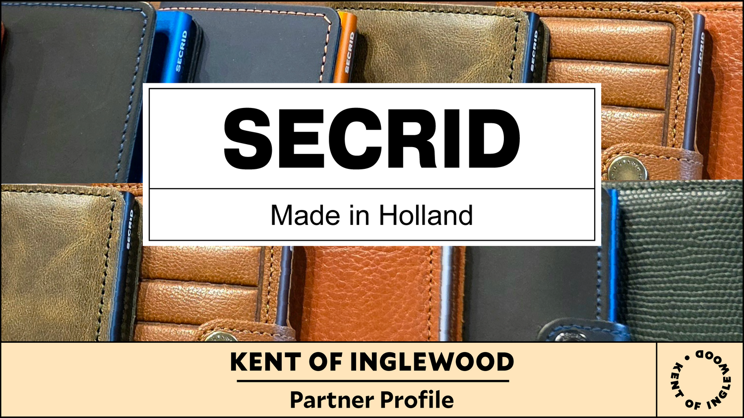 SECRID brand display with multiple wallets in various colors and a 'Made in Holland' label.