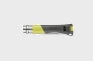 A close-up of the Opinel No. 9 Ocean, a handheld tool with a gray and yellow handle and two metal prongs at the end reminiscent of a marlinespike, photographed on a plain light gray background.