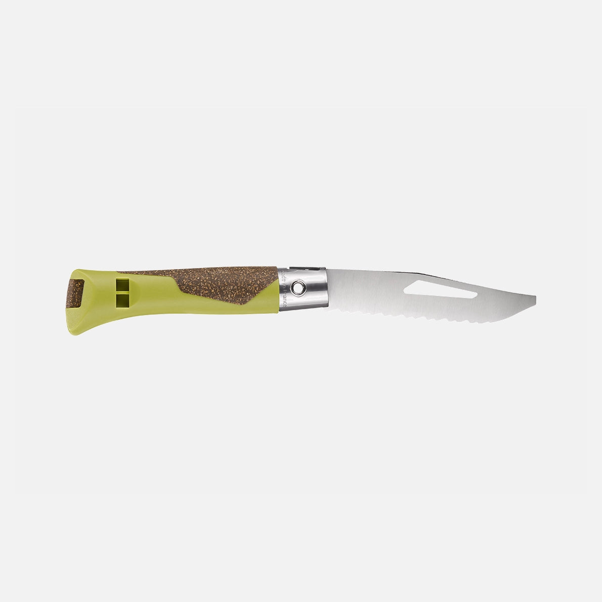 The Opinel Neo 7 Alpine is a folding knife inspired by the classic Opinel pocket knife, featuring a serrated, partially open stainless steel blade and a green handle with a built-in whistle and textured brown grip—making it the perfect rugged mountain tool for any outdoor adventure.
