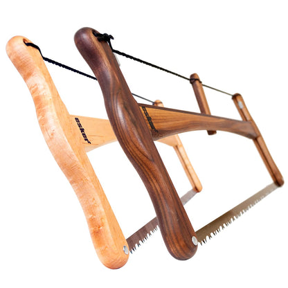 Esker Folding Bucksaw: wooden frame, coarse metal blade, ergonomic grip, collapsible for easy transport; ideal for bushcraft and cutting logs efficiently.