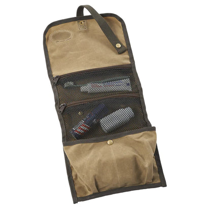 Frost River Roll Up Travel Kit: A waxed-canvas toiletry organizer with two zippered mesh pockets, an empty snap-closure pocket, and a hanging loop.