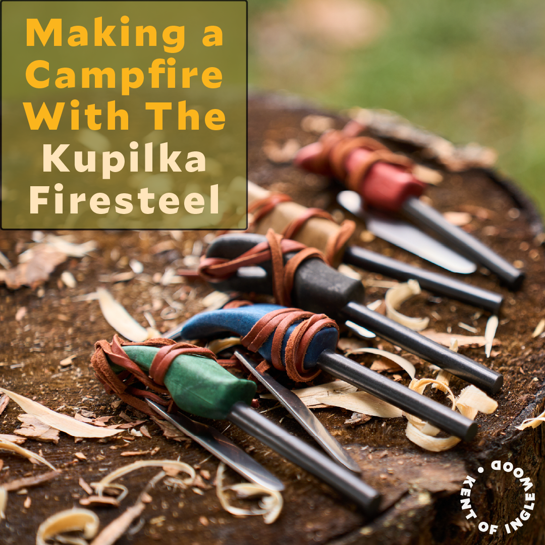 A set of handmade firesteel tools with wrapped handles in green, blue, and red leather, shown on a tree stump with wood shavings. A text overlay reads 'Making a Campfire With The Kupilka Firesteel'.