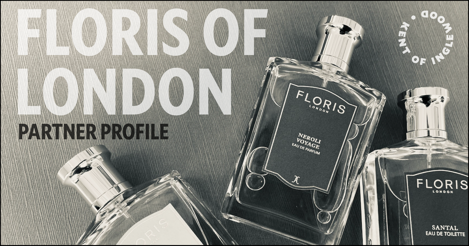 Floris of London perfume bottles on a dark background with brand name visible