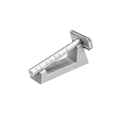 Henson Razor Stand with knurled handle and matching base, crafted from precision-machined aluminum for optimal grip and elegant storage.